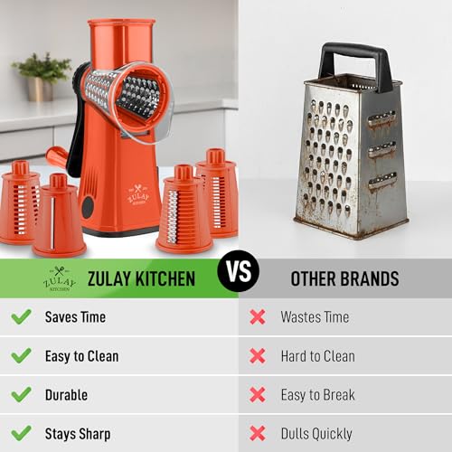 Image of Zulay Kitchen Rotary Cheese Grater 5 Blade Cheese Shredder - Manual Hand Crank Cheese Grater With Reinforced Suction & 5 Interchangeable Drums - Easy to Use, Vegetable Chopper Round Mandoline Slicer