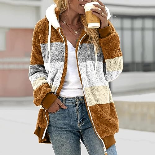 Fuzzy Fleece Jackets for Women Plus Size Hoodies Fall Winter Coats Color Block Patchwork Cardigan Coat with Pockets