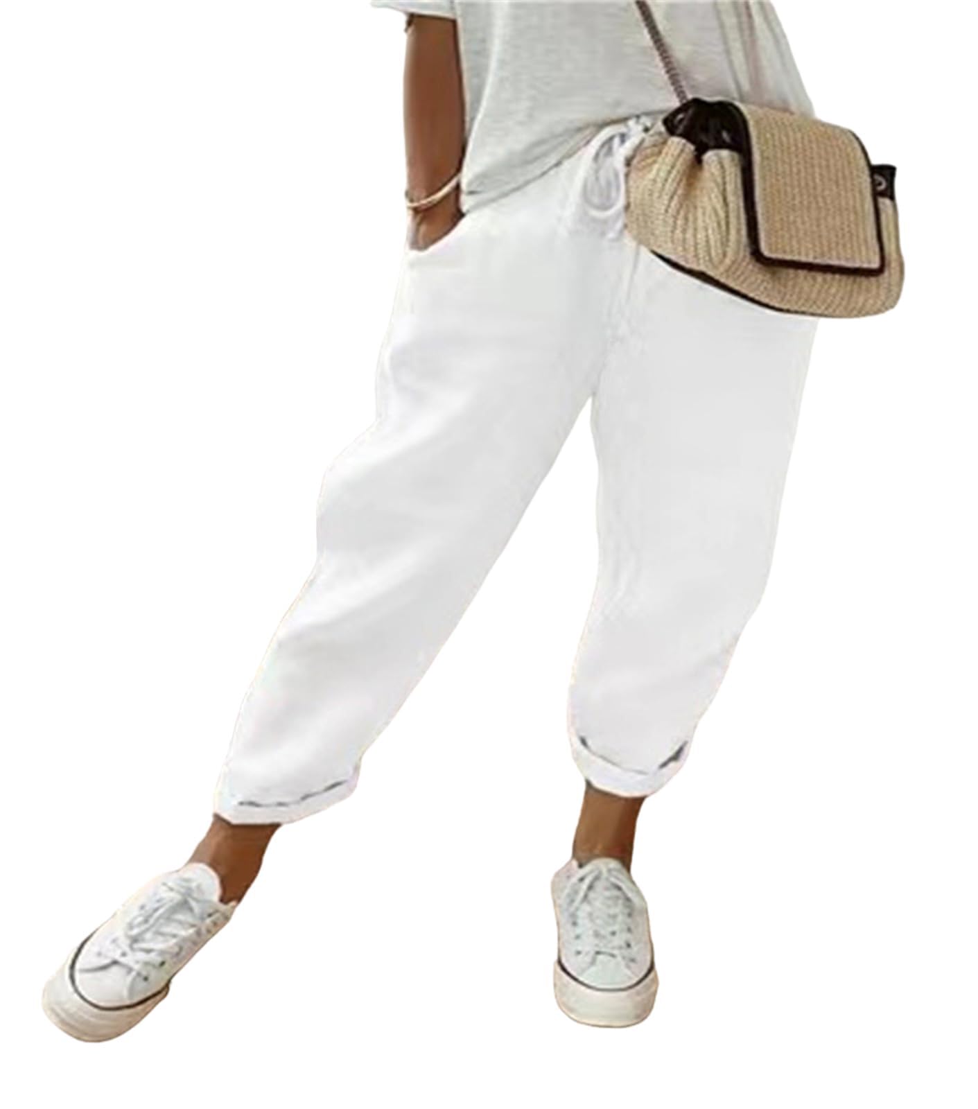 MorFansi Damen Leinenhose Casual Leicht Sommerhose Bequeme Luftige Hose Freizeithose Strandhose mit Taschen