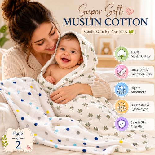 Image of Organic Cotton Muslin Pack of 2 Baby Bath Towel Cotton Cloth Premium Baby Washable, Reusable, Absorbent, Extra Soft 120 X 120 Cm Multi Dot & Cocount