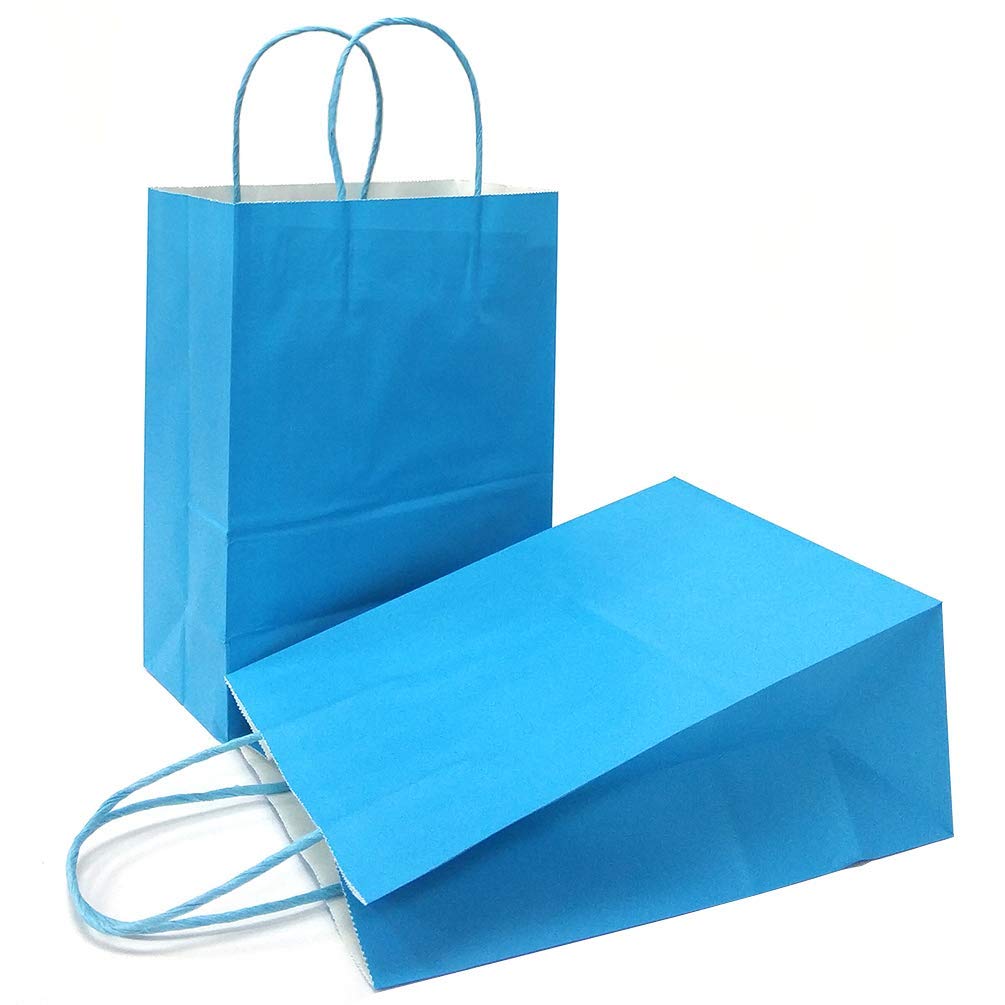 AZOWA Blue Gift Bags with Handles Paper Small Blue Kraft Paper Bags for Party Favors (16 x 8 x 22 cm, 25 Pcs)