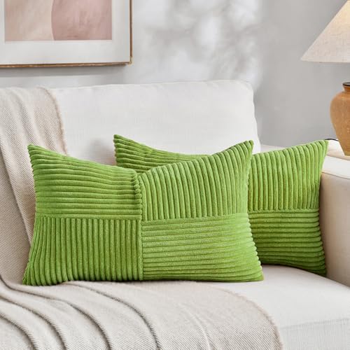 Image of Fancy Homi Set of 2 Lime Green Lumbar Decorative Throw Pillow Covers 14x24 Inch for Couch Bed, Modern Farmhouse Boho Home Decor, Soft Striped Corduroy Rectangle Accent Cushion Case 35x60 cm