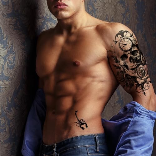 Image of Aresvns 24 Sheets Black 3D Half Sleeve Temporary Tattoos for Men Women