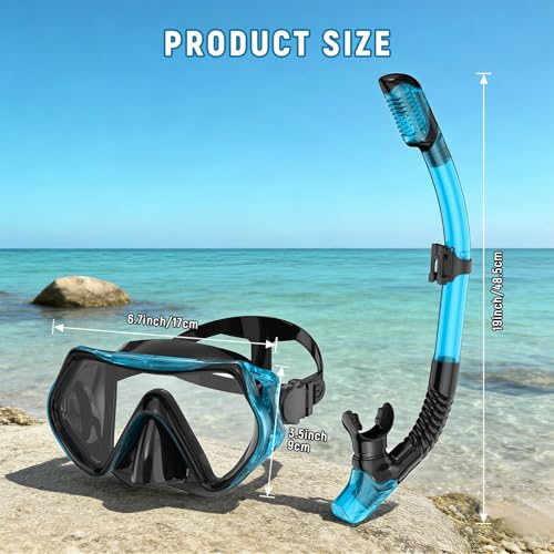 Equipo de snorkel para adultos, máscara de buceo con vidrio templado, snorkel con tapa seca, falda de silicona ajustable, tamaño mediano grande, antiempañante y a prueba de fugas, con bolsa de malla miniatura 6