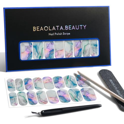 Beaolata Nail Polish Strips, 32PCS Salon Quality Wraps, Long Lasting Gel Nail Stickers for Women Easy Apply& Remove (Misty Blue)
