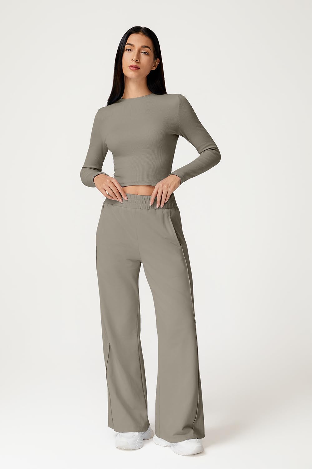 QINSEN Womens 2 Piece Sets Long Sleeve Slim Fit Crop Tops Wide Leg Pants Matching Lounge Set - Image 4