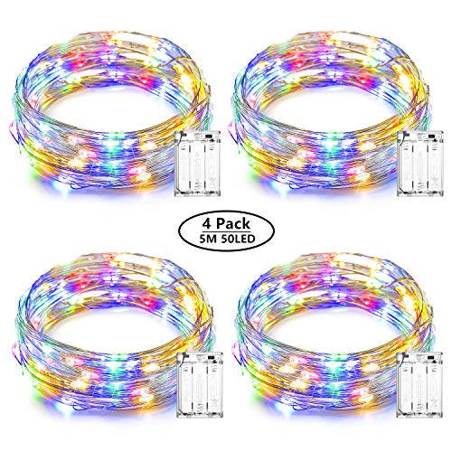 Ooklee - Guirnalda de luces de hadas (4 unidades), 5 m 50 LED, funciona con pilas, luces LED parpadeantes para dormitorio, boda, fiesta, decoración interior al aire libre (blanco cálido)