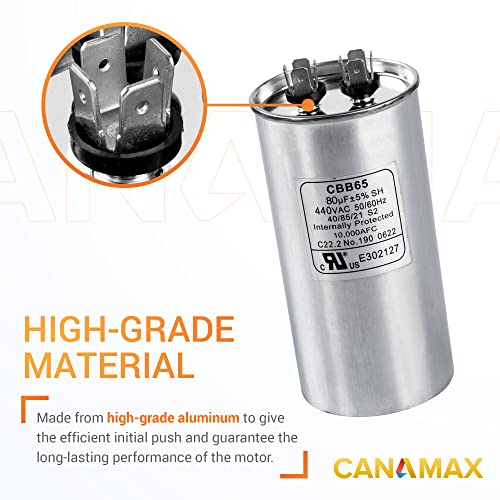Canamax 80 Uf ± 5% Mfd 370 Or 440V Round Run Capacitor - Replacement For Air Conditioner 50/60Hz For Ac Motor Run Or Fan Start And Cool Or Heat Pump Air Conditioner #TOP4