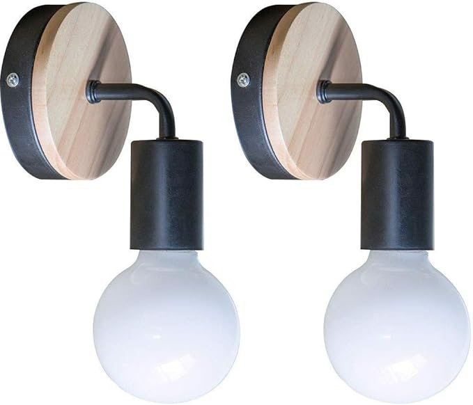 YUENSLIGHTING 2-pack loft zwarte binnenwandlamp eenvoud E27 LED (geen lamp) ijzeren en houten plaat wandverlichting verlichtingsarmaturen voor kinderen woonkamer slaapkamer bar hotel, 2 Eiken Lampen