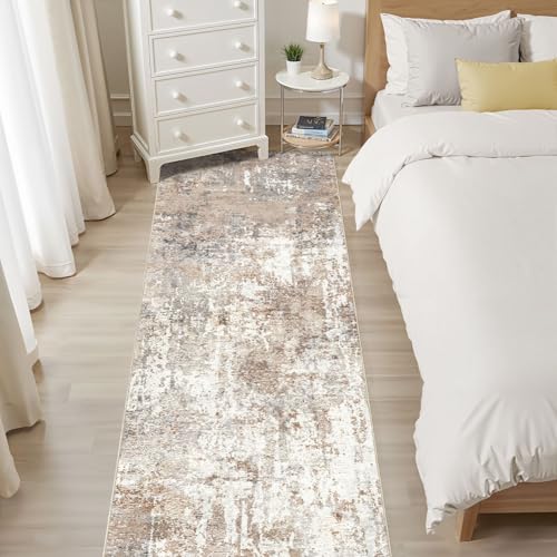 Runner Rug Kitchen Washable Rugs: 3x10 Non-Slip Abstract Soft Modern Stain Resistant Indoor Floor Neutral Accent Throw Carpet for Hallway Bathroom Laundry Room Entryway Bedroom- Brown