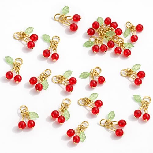 Thinp 20 Pcs Red Cherry Charms 3D Glass Cherry Bead Charms for Jewelry Making Mini Cute Fruit Bead Charm for Earrings Bracelets Necklaces Jewelry Making DIY Crafts