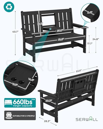 Image of SERWALL HDPE Outdoor Bench with Cup Holder Oversized 58 inch Porch Bench, Black