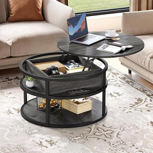 YITAHOME Round Lift Top Coffee Tables for Living Room, Farmhouse Coffee Table with Storage and Hidden Compartment, 2 Tier Modern Large Coffee Table Round Dining Table, Dark Grey by YITAHOME - Image 7