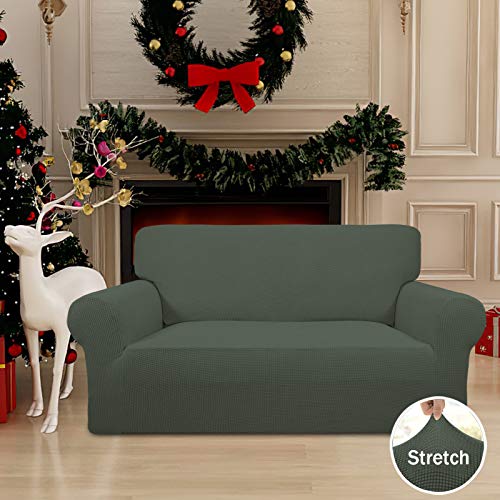 Image of Easy-Going Stretch Loveseat Slipcover 1-Piece Sofa Cover Furniture Protector Couch Soft with Elastic Bottom for Kids Polyester Spandex Jacquard Fabric Small Checks (Loveseat, Olive Green)