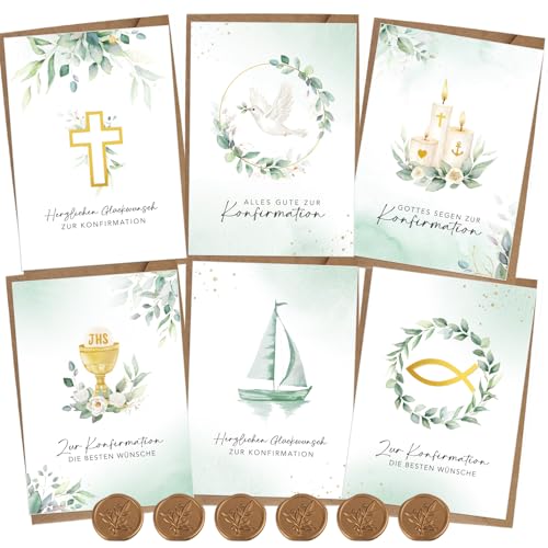 COMOOKA 6 Stücke Konfirmationskarten Karte Konfirmation Mädchen Mit Umschlag und Sticker Karte Zur Konfirmation Junge Mädchen Eukalyptus Grün Glückwunschkarte Erstkonfirmation Karten