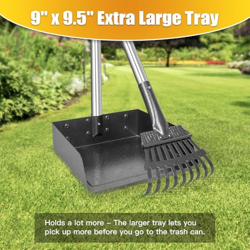 Image of Pooper Scooper for Dogs Metal Heavy Duty Long Handle Rake, Spade & XL Tray