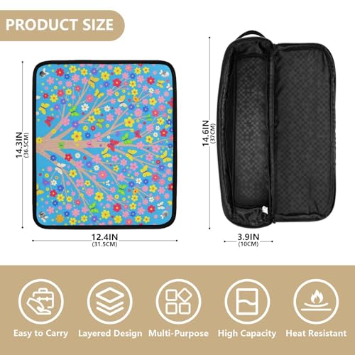 Bolsa de viaje para herramientas de cabello con estera resistente al calor, impermeable, organizador para planchas, rizadores y secadores, azul con diseño de mariposas, flores y árboles miniatura 4