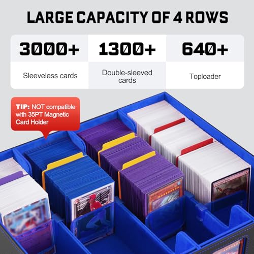 Image of ZLCA MTG Storage Box 4-Row with Handle, MTG Deck Box Holds 3000+ Trading Cards with Portable Handle Dice Tray, Commander Storage Card Case for Top Loaders TCG PTCG Sport Card(Black&Blue)