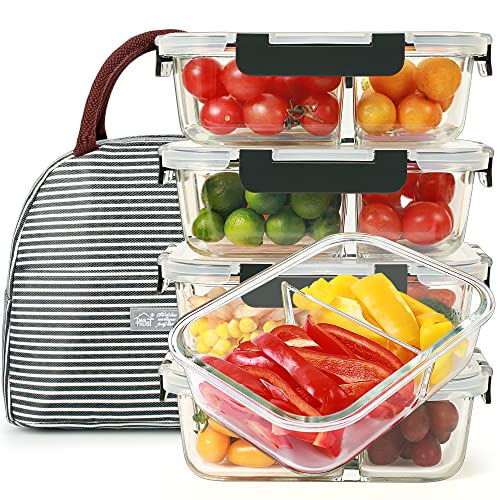 5 Pack 36Oz Glass Meal Prep Containers 2 Compartments With Lids Portion Control Containers Glass Storage Food Prep Containers Lunch Containers With Lid Lunchbox Bento Box For Oven Dishwasher Freezer #TOP16