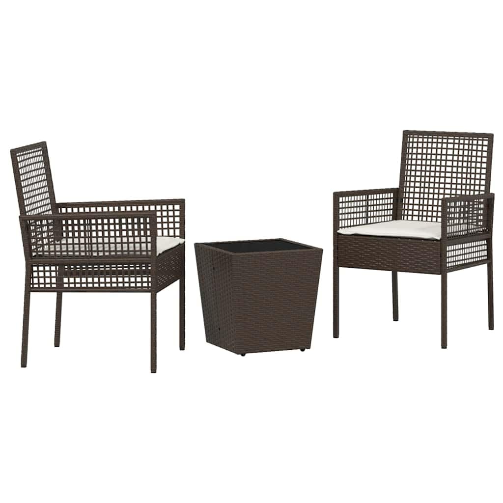Set da bistrò in polyrattan, 3 pezzi, marrone, con piano in vetro di sicurezza e braccioli, per giardino, terrazza o patio