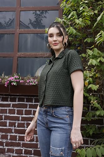 Image of Zilcon Women's Textured Polo Collar Shirt | Short Sleeve Button-Down Casual Crop Top | Soft Stretch Everyday Fashion Shirt