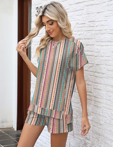 Image of LOMON Womens Fashion 2 Piece Outfits Sweatsuits 2026 Summer Short Sleeve Loungewear Tracksuit Round Neck Lounge Shorts Sets