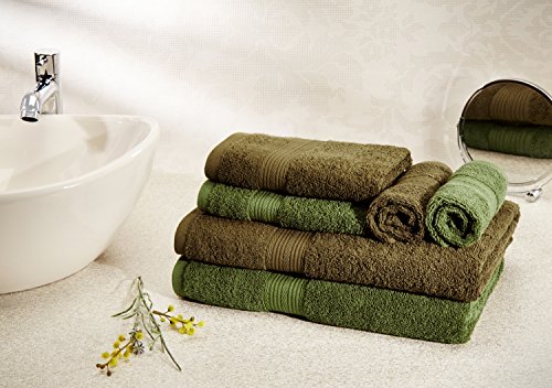 Image of Amazon Brand - Solimo 100% Cotton 6 Piece Towel Set, 500 GSM (Sepia Brown and Olive Green) & 100% Cotton 2 Piece Bath Towel Set, 500 GSM (Sepia Brown and Olive Green)