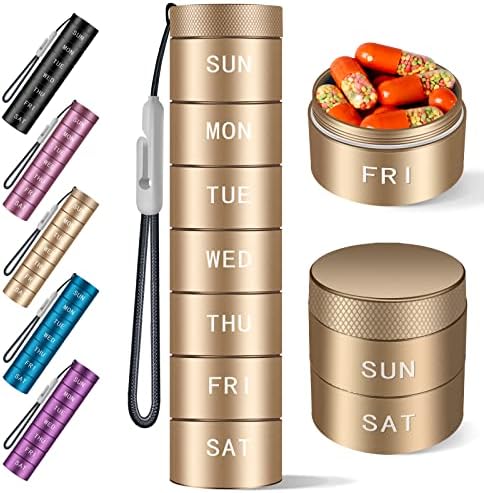 Aluminum Alloy Weekly Waterproof Pill Organizer,Moisture Proof Metal Pill Case,Pill Holder,Travel pill box 7 day,Portable Pill Container to Hold Vitamins,Medication, Fish Oil ,Supplements 【Gold】