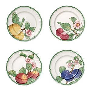 Villeroy & Boch French Garden Modern Fruits Dinner Plate : Assorted Set of 4, 10.25 in, Premium Porcelain, White/Colored