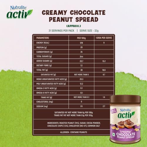Image of Nutralite Activ Peanut Spread - Chocolate Creamy with 20g protein per 100g, No preservatives, Gluten free, Zero trans-fat, High Dietary Fibre, With dark choco chips, 1kg Jar