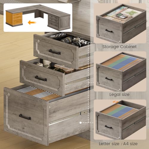 Image of SEDETA Farmhouse 78.8 inch L Shaped Desk with 6 Drawers, Home Office Desk with Power Outlet, File Cabinet Storage, Wood Corner Computer Desk for Work and Study, Gray