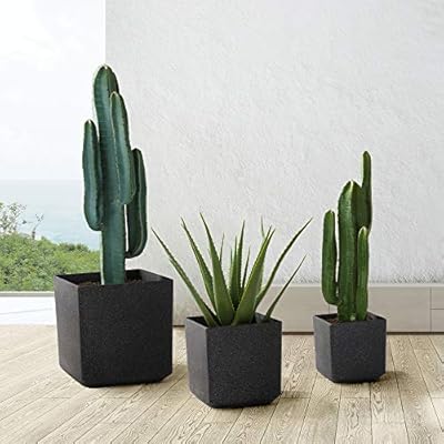 Glitzhome Planters for Outdoor Plants Set of 3 Different Sizes Square Flower Pots with Pre-drilled Drainage Holes, Black