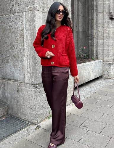 Image of Yimoon Womens Cropped Cardigan Sweaters Gold Button Down Chunky Knit Sweaters Long Sleeve Open Front Fall Crochet Cardigan(Red-S)