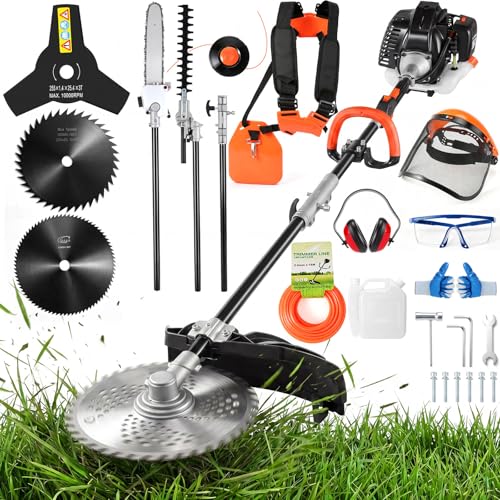 6-in-1 Gas Weed Wacker with Hedge Trimmer 52CC 2-Stroke String Trimmer/Weed Trimmer/Brush Cutter/Edger Weed Eater Gas Powered with Extension Pole Weed Trimmer for Lawn & Garden Care Orange