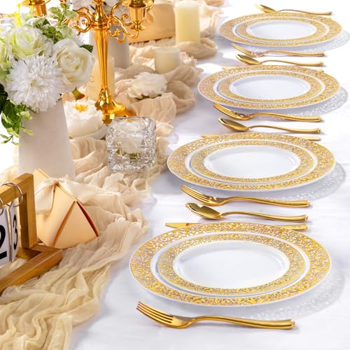 Image of I00000 200 Pcs White and Gold Plastic Plates, Disposable Plastic Plates for 100 Guests Include: 100 Pcs Dinner Plate 10.25 inch and 100 Pcs Dessert Plate 7.5 inch Perfect for Party and Wedding