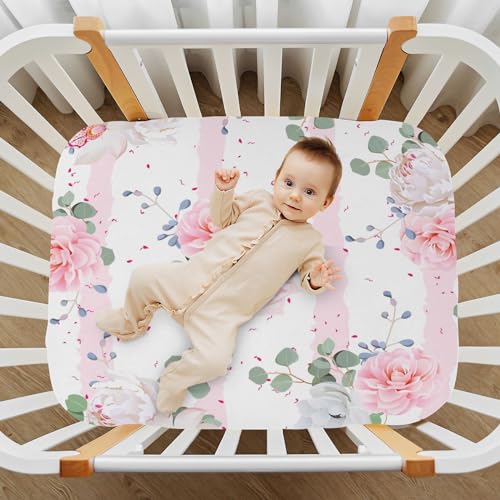 Image of Pink Camellia Plant Flower Crib Sheets Stretchy Portable Sheets for Baby Toddler Breathable Soft Crib Mattress Sheet for Girls Boys