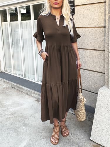 Image of Mieazom Short Sleeves Maxi Dress for Women A Line Summer Dress V Neck Casual Loose Tiered Long Dresses with Pockets