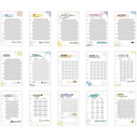 Laminated Money Savings Challenge Trackers for 6-Ring A6 Binders,Reusable cash Savings Tracker sheets,multiple budget cards for savings journey planner(15pcs) Cover
