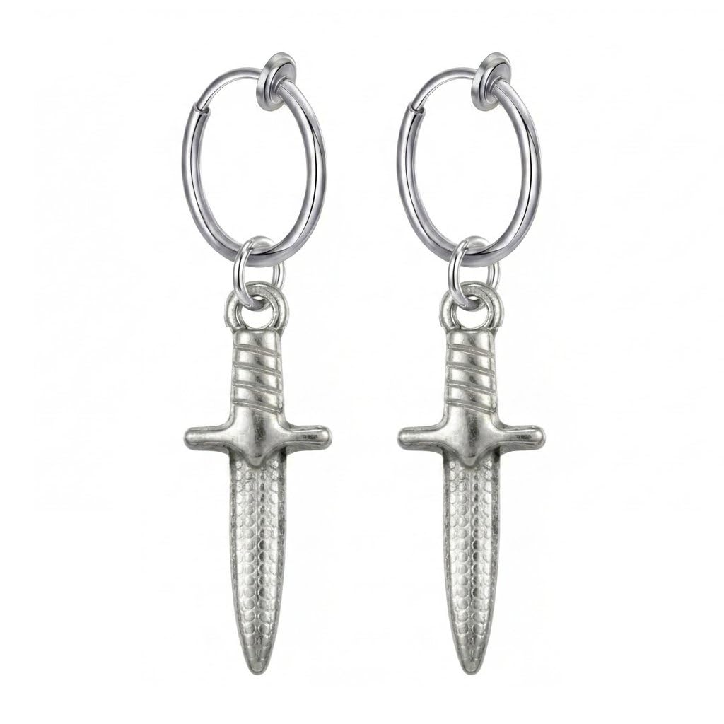 Dagger Edit' Clip-On Hoop Earrings for Men & Women | Non-Pierced Stainless Steel Silver Dagger Charm | Unisex Statement Fashion Jewellery (ER3093) 1 Pair-image-29