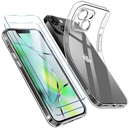 Qasyfanc Cover Protezione Fotocamera Compatibile con iPhone 14 con 2 Pezzi Vetro Temperato Pellicola, Cover iPhone 14 Trasparente Slim Fit Custodia Silicone Sottile e Morbida, Crystal Clear