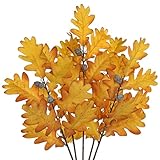 GnFlus 5 Pcs Artificial Fall Oak Leaves Stems 19.6” Fake Autumn Foliage Branches for Home Kitchen Farmhouse Vase Thanksgiving Table Centerpieces Party Halloween Decor Yellow