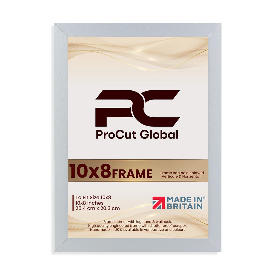 Procut Global 10X8 Silver Picture Frames – Sleek Wooden Photo Frame with Shatterproof Perspex for Wall or Tabletop – Perfect for Posters, Certificates, Prints–Multiple Sizes & Colors Available