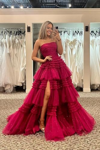 Shiny Tulle Prom Dresses Ball Gown Strapless Ruched Bodice Ruffles Tiered Skirt Evening Dress with Slit4