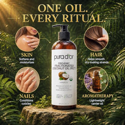 Image of PURA D'OR ORGANIC Fractionated Coconut Oil MCT Oil (16 Oz) 100% Pure & Natural USDA Certified