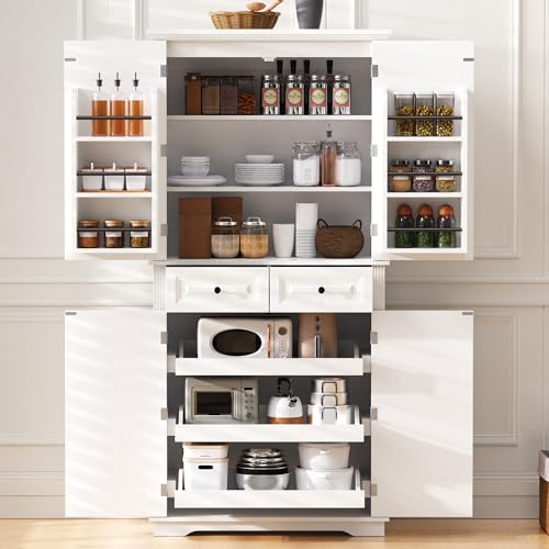 Image of Ball & Cast 71″Tall Farmhouse Kitchen Pantry Cabinet with 3 Pull Out Shelves & 2 Large Drawers,Versatile Pantryl Storage Cabinet w / 6 Door Shelf & Adjustable Shelves for Kitchen,Dining Room,White