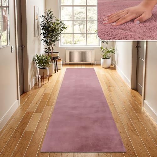 TT Home Alfombra De Pelo Largo Suave Monocromo Moderna, Color:Malva Rosa, tamaño:80x300 cm