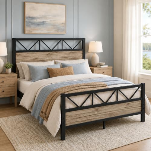 IMMERSTABLE Full Size Bed Frame with 51.2'' Tall Headboard, Wash Grey