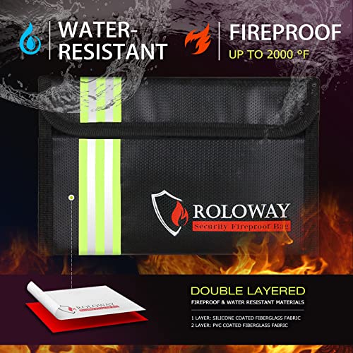 Image of ROLOWAY Small Fireproof Bag (5 x 8 inches) with Reflective Strip, Fireproof Money Bag for Cash, Valuables, Passport, Currency & Keys (2-Pack Black)