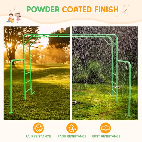 Outdoor Monkey Bar Set with Climbing Frame, Gymnastics bars, Playground Sets for Backyards, Metal Monkey Bars for Kids Age 3 and Up, Backyard Playground Set with Powder Coated Steel, Green