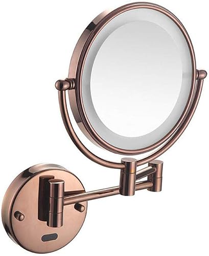 ROLTIN 8inchLEDLighted Wall Mounted Beauty Mirror,Double-Sided Folding Bathroom Mirrors 360Swivel Makeup Mirror Extendable Round Shape,Rose Gold